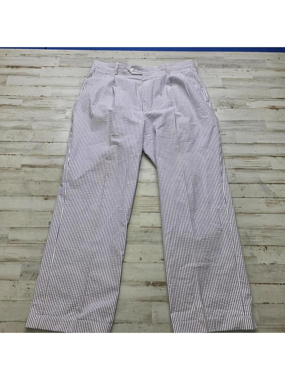 Paul Frederick Pants Mens 36 Blue/White Seersucker Pleated Cuffed 36x29